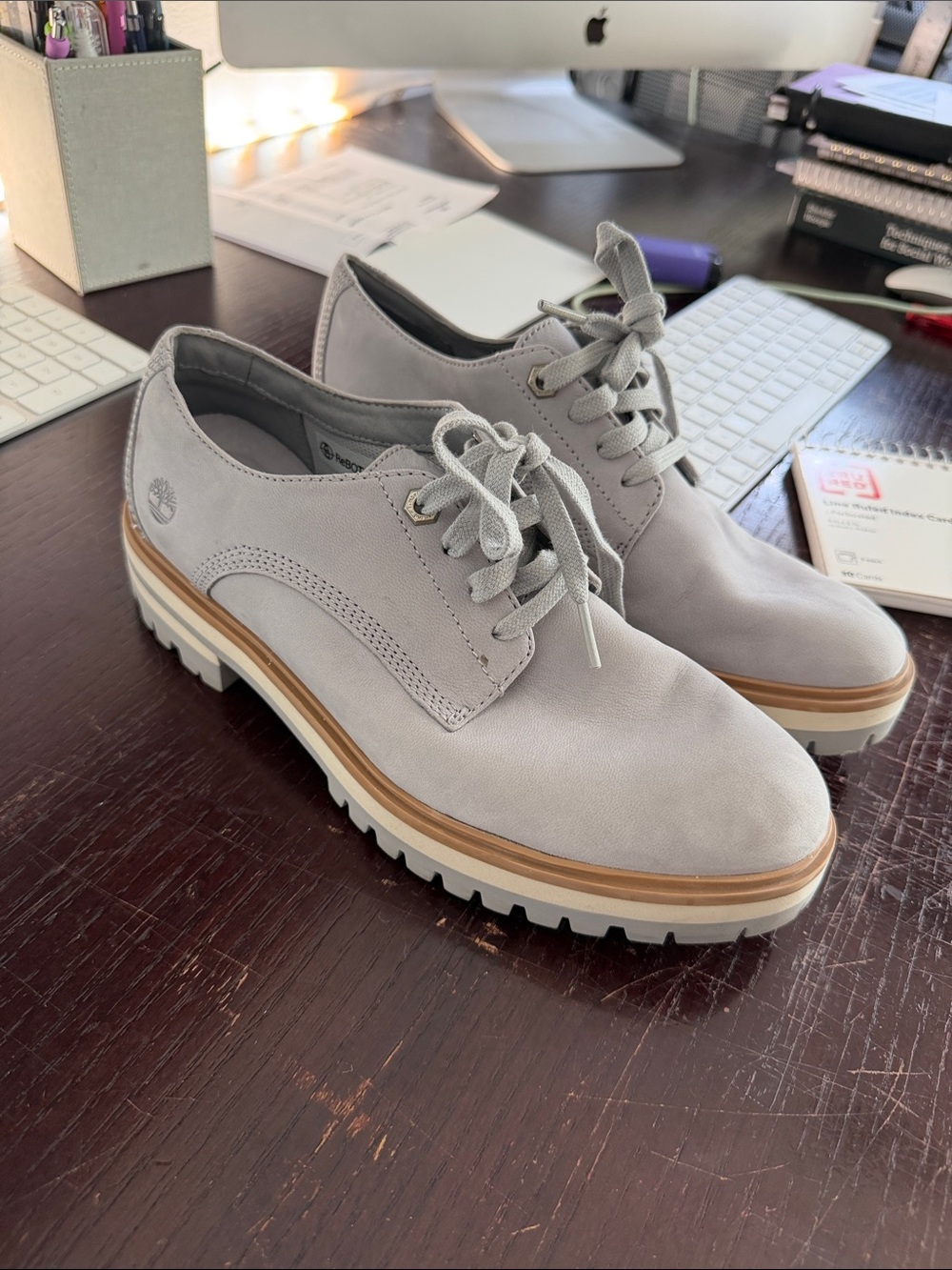 Timberland Light Gray Lace-Up Derby Shoes with Tan Accent
